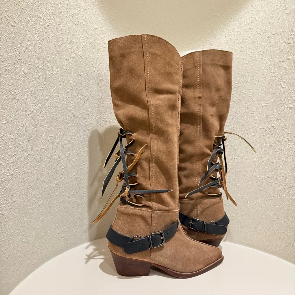Free People Lace Sway Slouchy Women’s Military Taupe Western Boots Sz 7.5 NEW